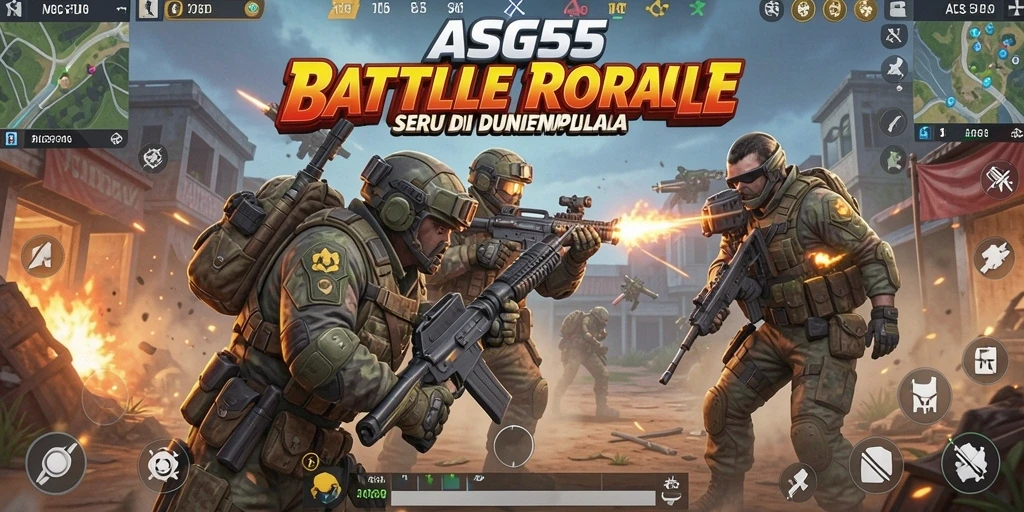 Screenshot utama ASG55 menampilkan aksi intens dalam pertarungan Battle Royale.