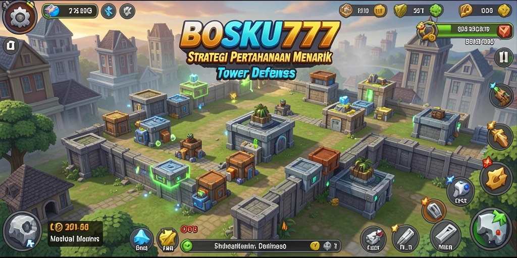 Screenshot gameplay Tower Defense BOSKU777 yang menampilkan strategi pertahanan.
