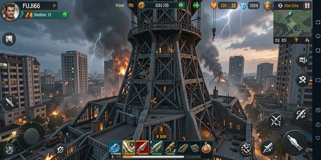 Gameplay menegangkan dalam FUJI66 dengan menara yang menghancurkan musuh.
