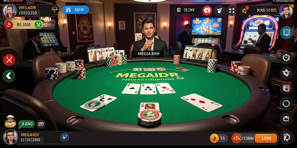 Tampilan gameplay menarik MEGAIDR yang menampilkan suasana poker yang seru.